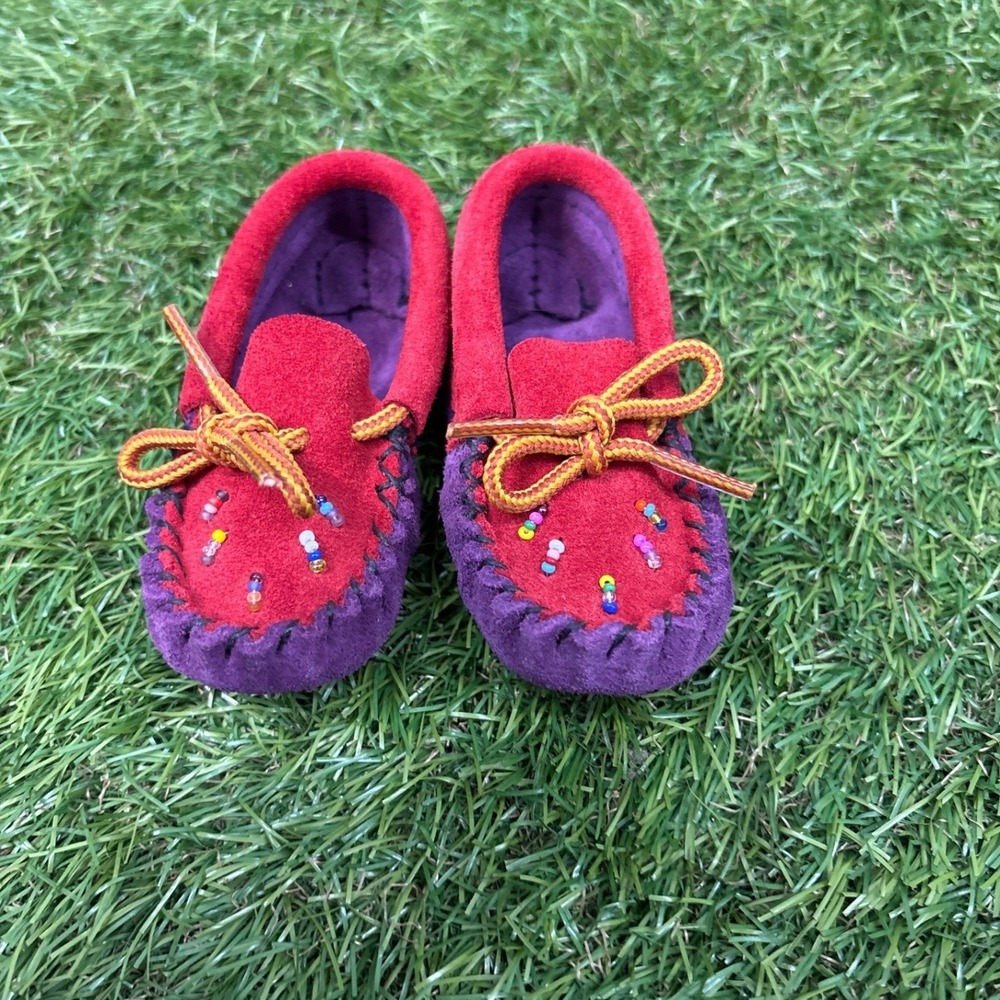Unbranded Moccasin Slippers Kids Size 0-6 mo Red‎ Purple Beaded Suede Excellent